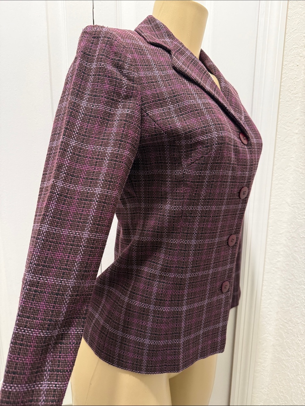 Petite Sophisticate Purple Plaid Button-Front Blazer